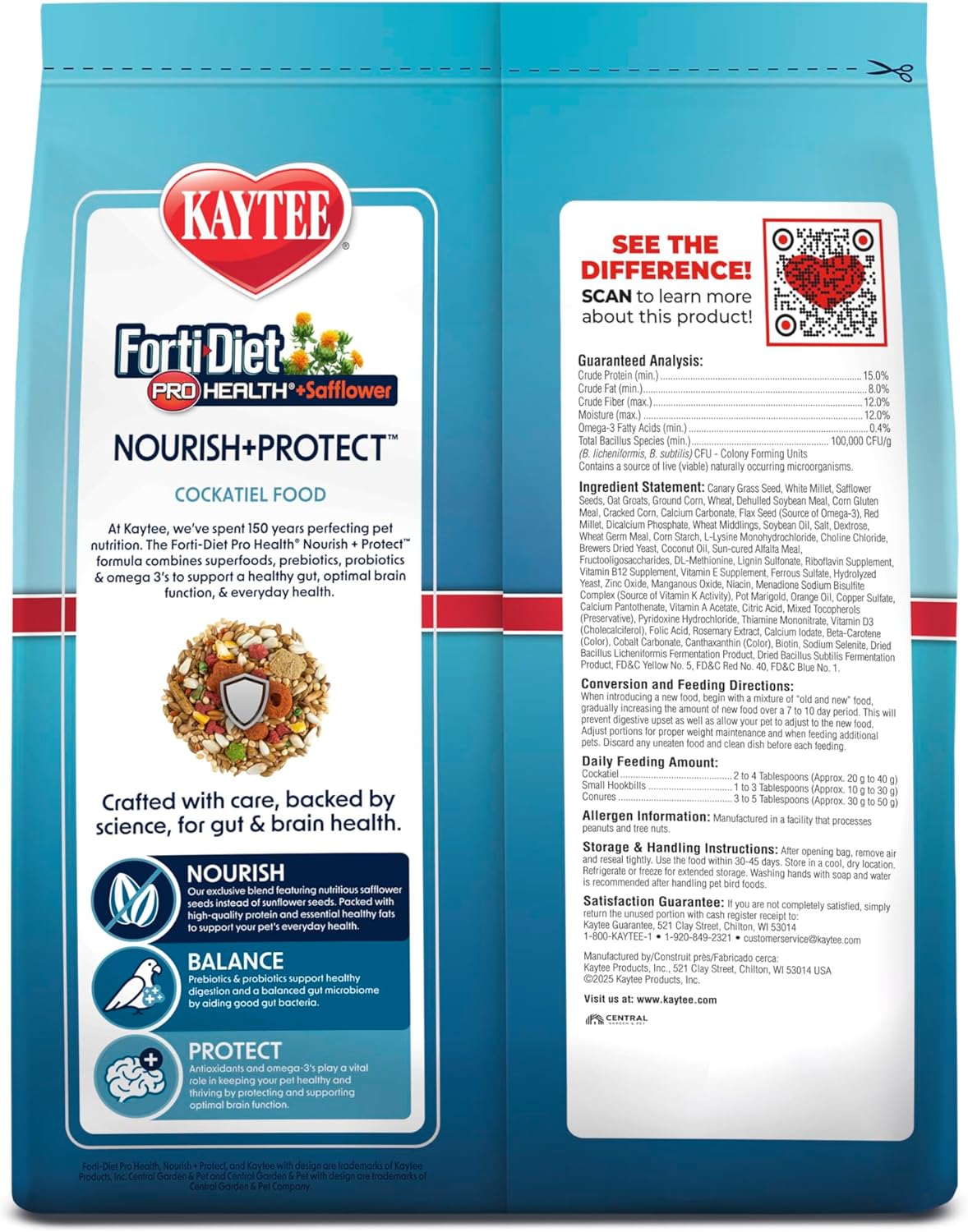 Kaytee Forti-Diet Pro Health+Safflower Nourish+Protect Cockatiel Food, Supports Breeding and Molting, Nutrition Backed by Science, Digestive and Brain Health, 4 pounds