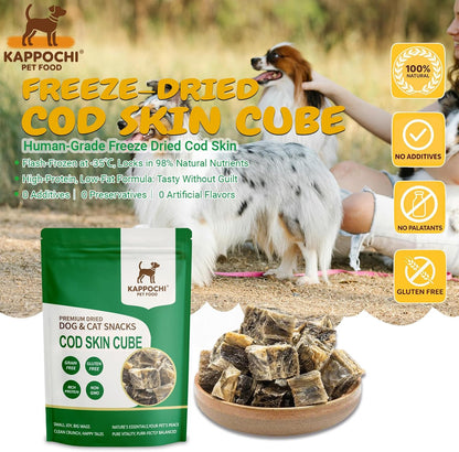 Freeze Dried Cod Skin Cube Dog Treats, Cat Treats, Rich in Omega-3, 3.5 Ounce (100.0g), Single Ingredient, High Protein Chew Snacks, Natural & Raw, No Additives, Grain Free, Gluten Free