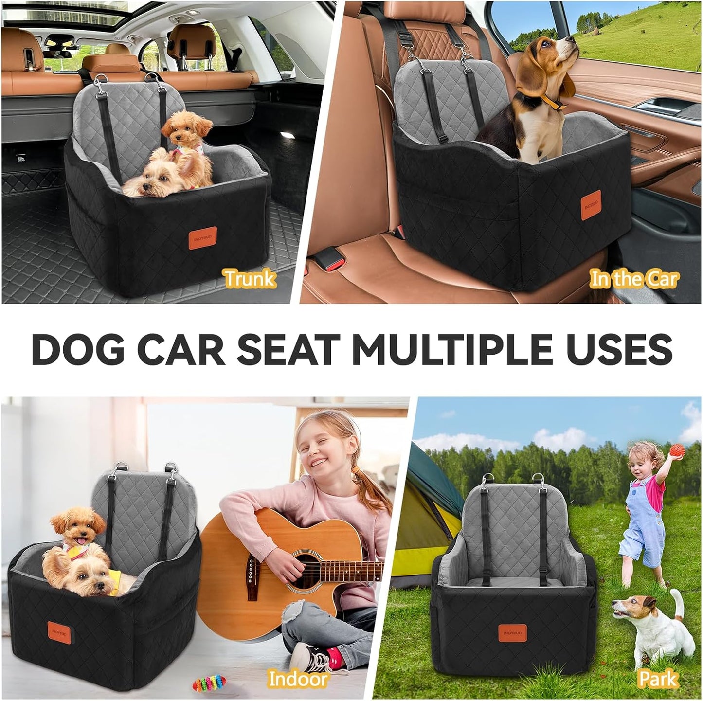 Dog Car Seat for Small & Medium Dogs, Detachable & Washable Booster Seat for Pets Up to 35lbs, Pet Travel Bed with Storage Pockets and Safety Belt (Black/Grey, Medium)