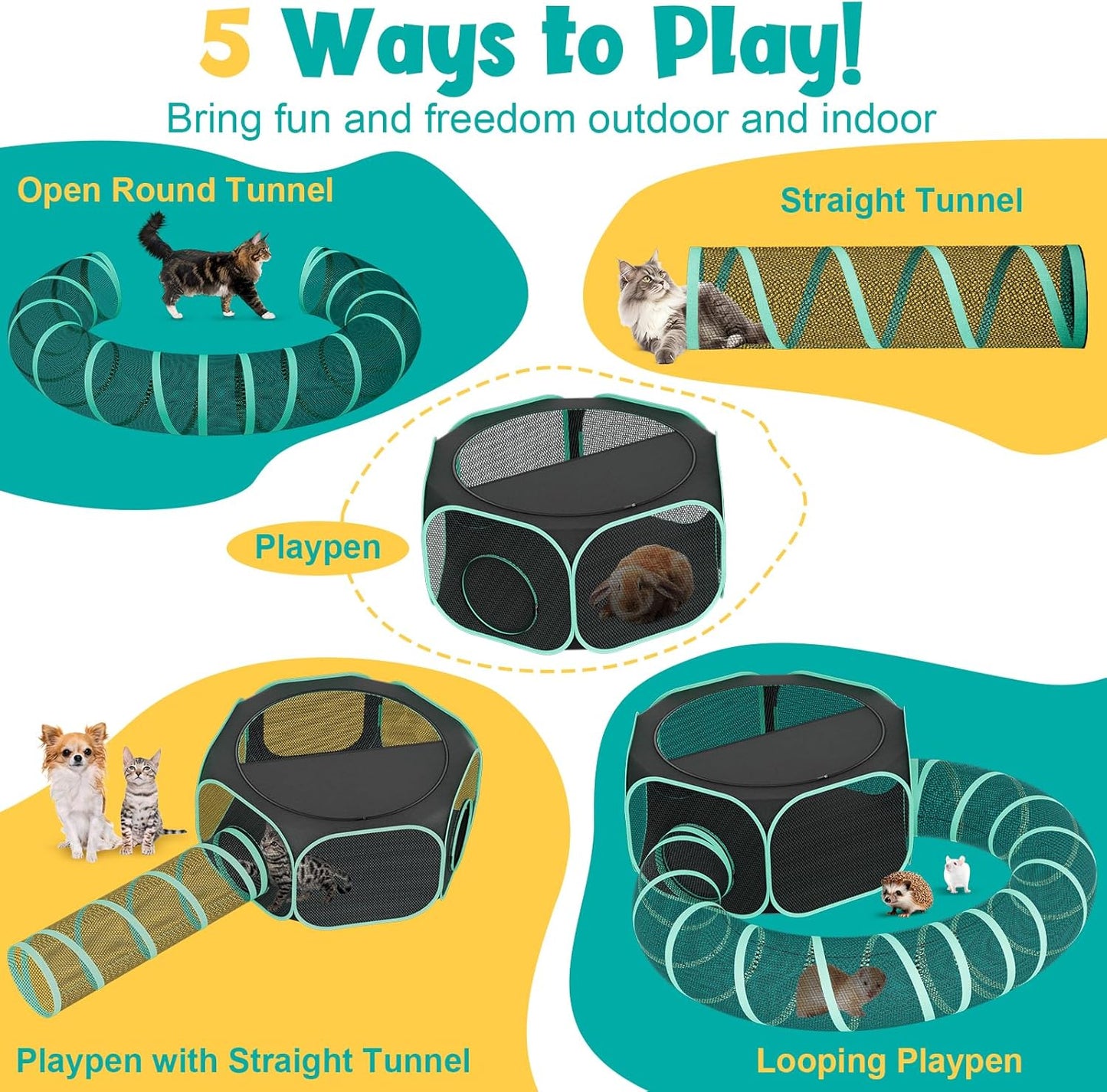 Outdoor Cat Enclosure with Tunnel - Portable Catio Outdoor Cat Tent for Camping Travel Trip - Outside Cat Playpen for Small Animals and Kittens