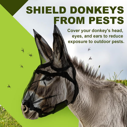 Small Donkey Fly Mask with Ears Protection Breathable Mule Fly Mask with Long Ears Protection from Insects and Bugs Soft Mesh with Adjustable Fastener Easy to get on and Off(Black)