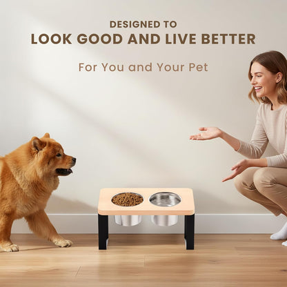 15.9" Tall Elevated Dog Bowls - Ergonomic Stainless Steel Dog Bowls with 10° Tilt in Acacia Wood Stand for Medium Breed