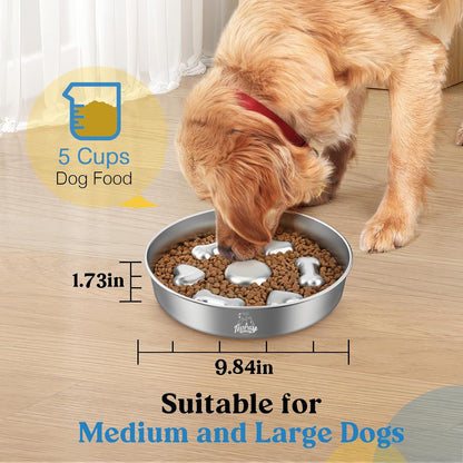 Slow Feeder Dog Bowls, 304 Stainless Steel Slow Feeder Bowl 5 Cups Metal Pet Food Bowl with Non-Slip Base for Medium & Large Breed, Bloat Stop, Dishwasher Safe