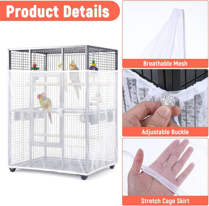 Large Bird Cage Cover Net, Adjustable Bird Cage Cover Net White Birdcage Nylon Mesh Nets Soft Airy Skirt Guard for Parrot Cages(118 x 32 Inch, White)
