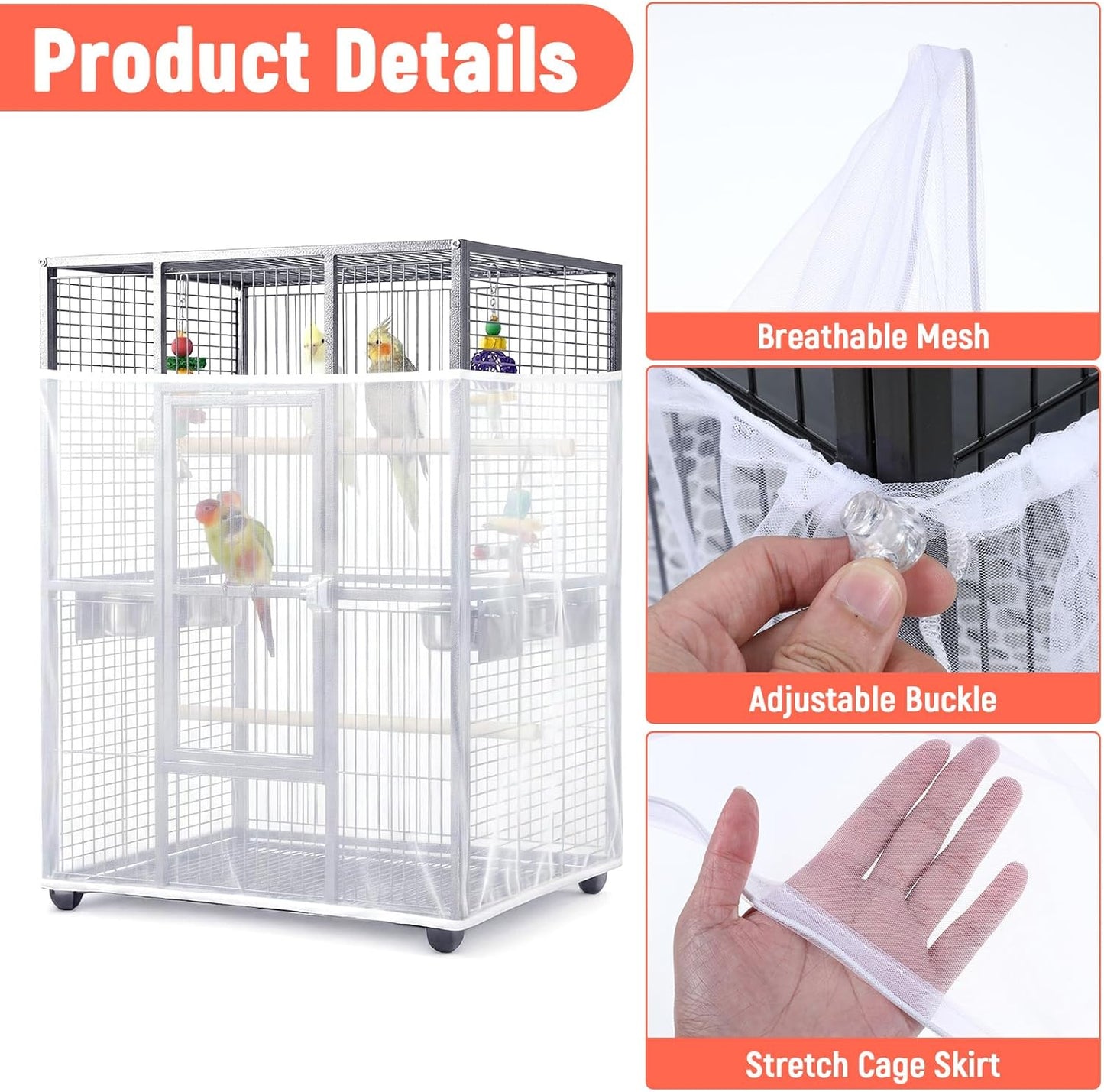 Large Bird Cage Cover Net, Adjustable Bird Cage Cover Net White Birdcage Nylon Mesh Nets Soft Airy Skirt Guard for Parrot Cages(118 x 32 Inch, White)