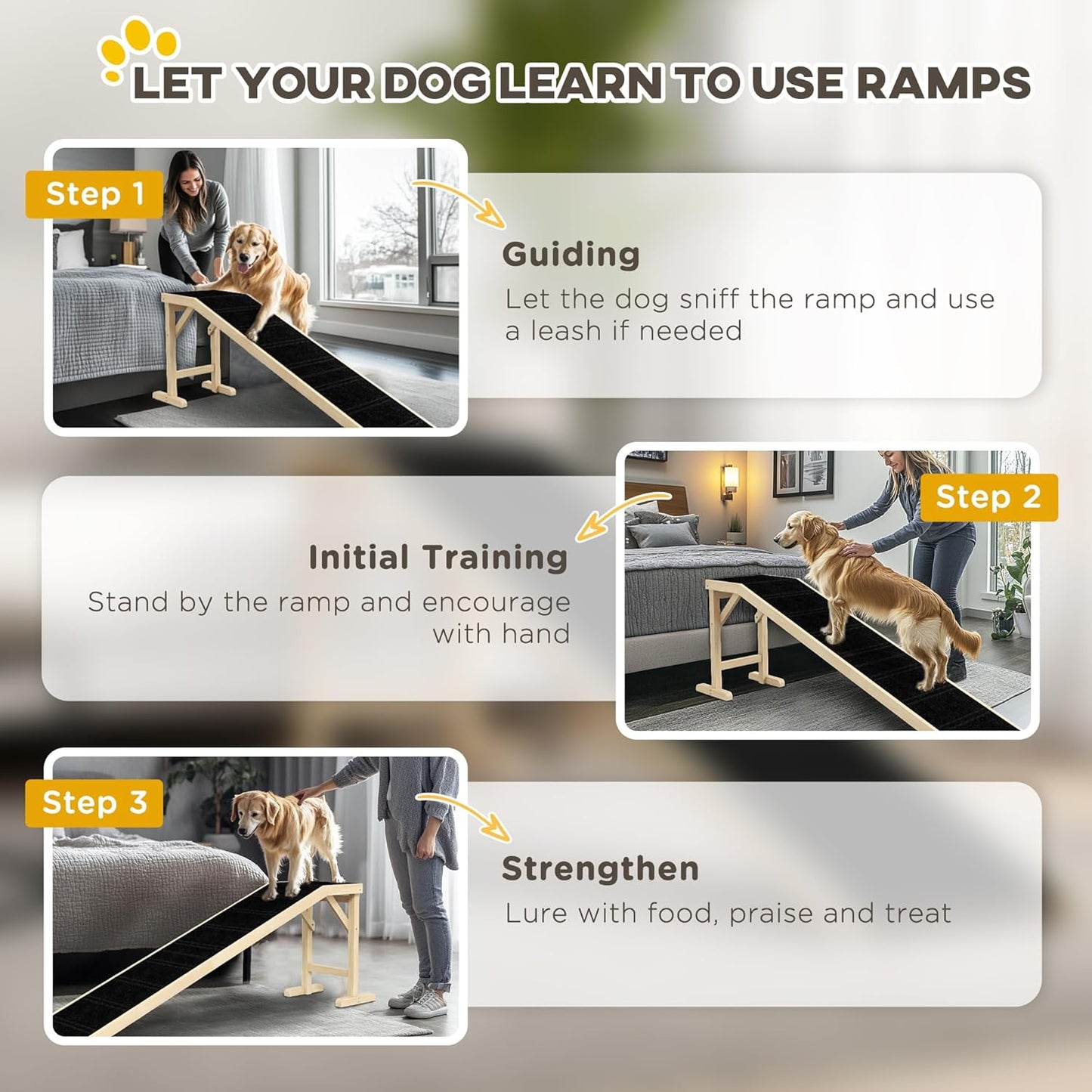 PawHut Dog Ramp for Bed, Pet Ramp for Dogs with Non-Slip Carpet and Top Platform, 74" x 16" x 25", Natural