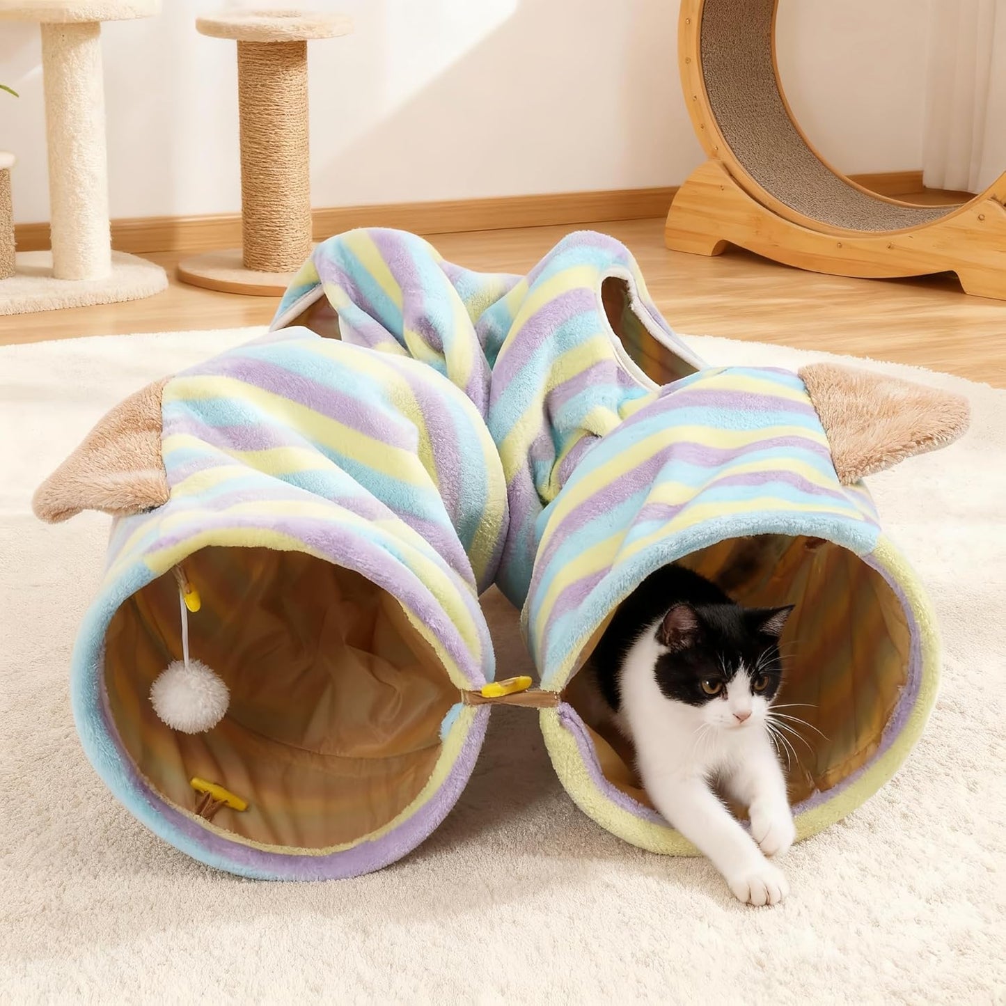 Cat Tunnel for Indoor Cats, Cats Toys Collapsible Tunnel Straight Tube with Fun Ball and 2 Holes, Pet Tunnels for Rabbits, Kittens, Ferrets, Puppy, Diameter 9.8 Inch