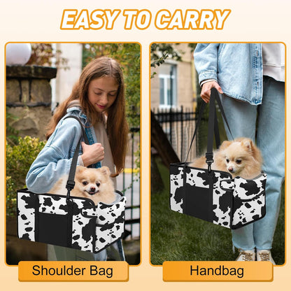 Portable Dog Car Seat for Small Dogs - Adjustable Safety Leash, Washable Cushion & Storage Pocket - Pet Booster Seat for Car Travel- Cow Pattern