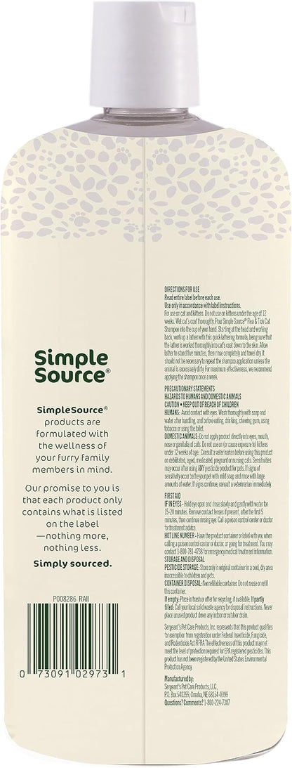 SimpleSource® Flea & Tick Shampoo for Cats, Powered by Plants, Kills Fleas, Flea Eggs, Flea Larvae, Ticks, & Mosquitos, Cleans & Deodorizes, 12oz Bottle