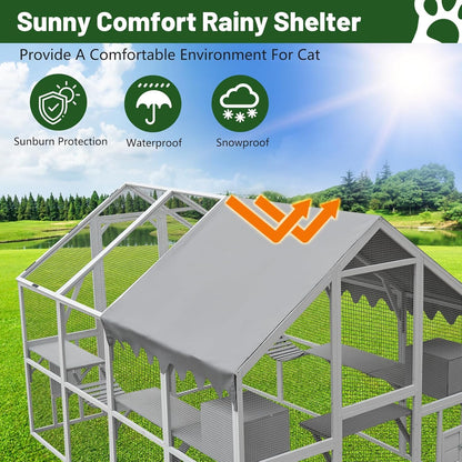 110'' Large Catio Outdoor Cat Enclosure,2 in 1 Cat Enclosure & Walk in Large Chicken Coop, Pet Cage Playpen with Weatherproof Roof, Multiple Platforms, Bouncy Bridges & Resting Houses White-1