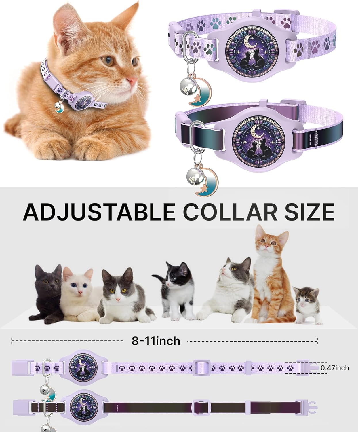 Cat Collar with Airtag Holder, 2 Pack Waterproof Breakaway Kitten Collar for Apple AirTag GPS Tracker, Adjustable Cat Collar with Buckle, Bell & Reflective Pattern for Cats, Kittens, Purple (8-11")