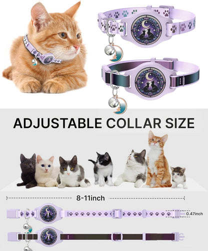 Cat Collar with Airtag Holder, 2 Pack Waterproof Breakaway Kitten Collar for Apple AirTag GPS Tracker, Adjustable Cat Collar with Buckle, Bell & Reflective Pattern for Cats, Kittens, Purple (8-11")