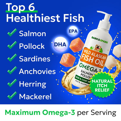 Bark&Spark Fish Oil for Dogs - Natural Omega-3 - Skin & Coat Support - Liquid Food Supplement for Pets - Natural EPA + DHA Fatty Acids for Joint Function, Immune & Heart Health 8oz - Salmon