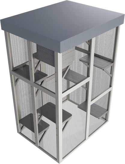 70.5" H Catio Outdoor Cat Enclosure,Cat House with Waterproof Roof and Large Enter Door,Wooden Shelter W/ 6 Jumping Platforms & 2 Napping Houses,Cats Cage for Walk in Kitten Kennel,Gray