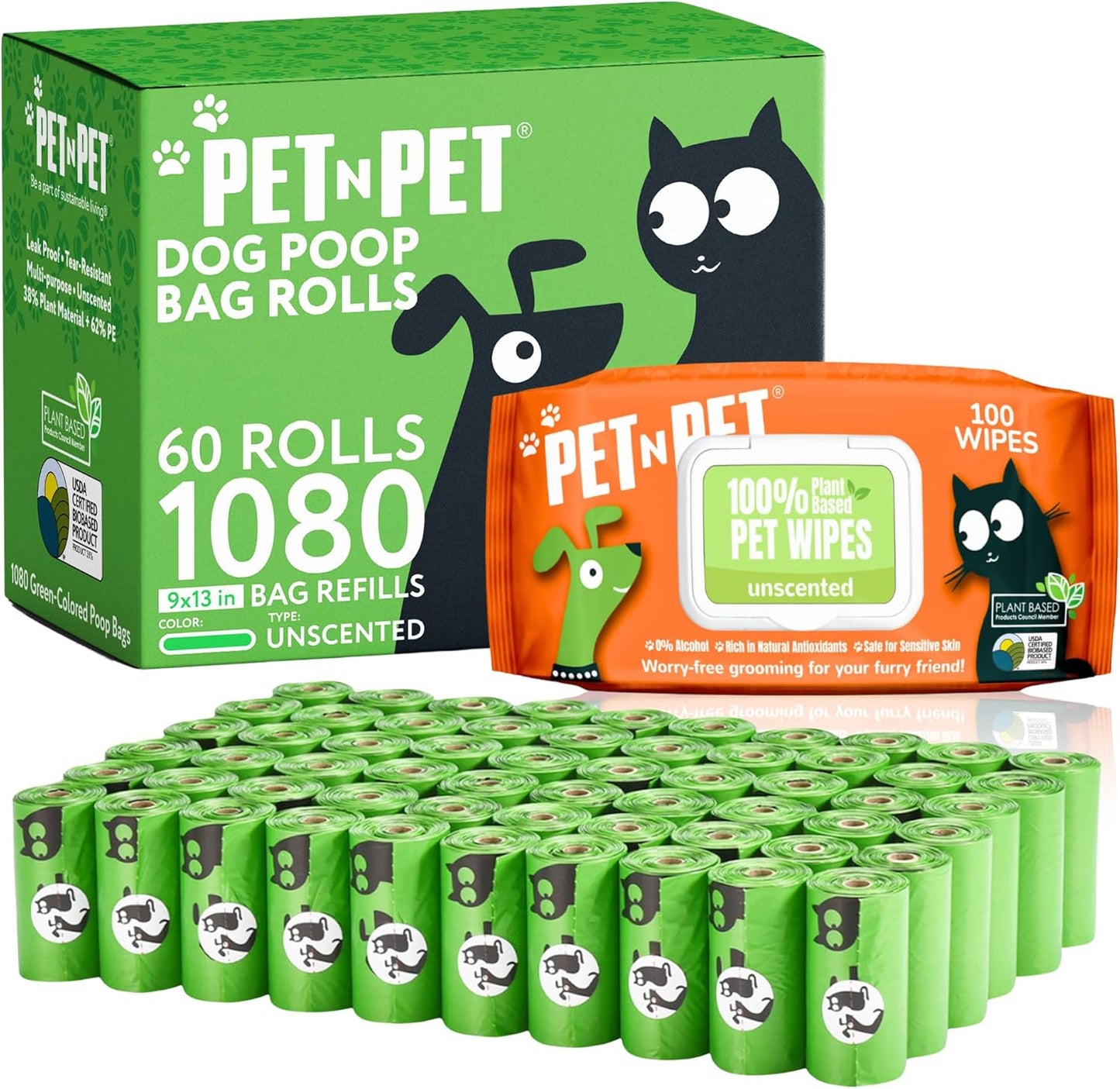 Pet N Pet 1080 Counts Green Poop Bags for Dogs, 38% Plant Based & 62% PE + 100% Plant Based Dog Wipes for Paws and Butt, 8" x 8" Hypoallergenic Wipes