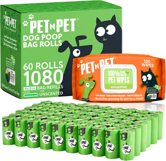 Pet N Pet 1080 Counts Green Poop Bags for Dogs, 38% Plant Based & 62% PE + 100% Plant Based Dog Wipes for Paws and Butt, 8" x 8" Hypoallergenic Wipes
