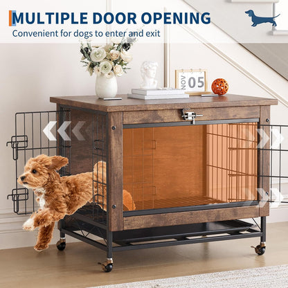 26-Inch Double-Door Pet Crate Furniture, Wooden Dog House with Locking Wheels, Chew-Resistant Indoor Pet Side Table, Rustic Brown Finish, Versatile Pet Housing Solution