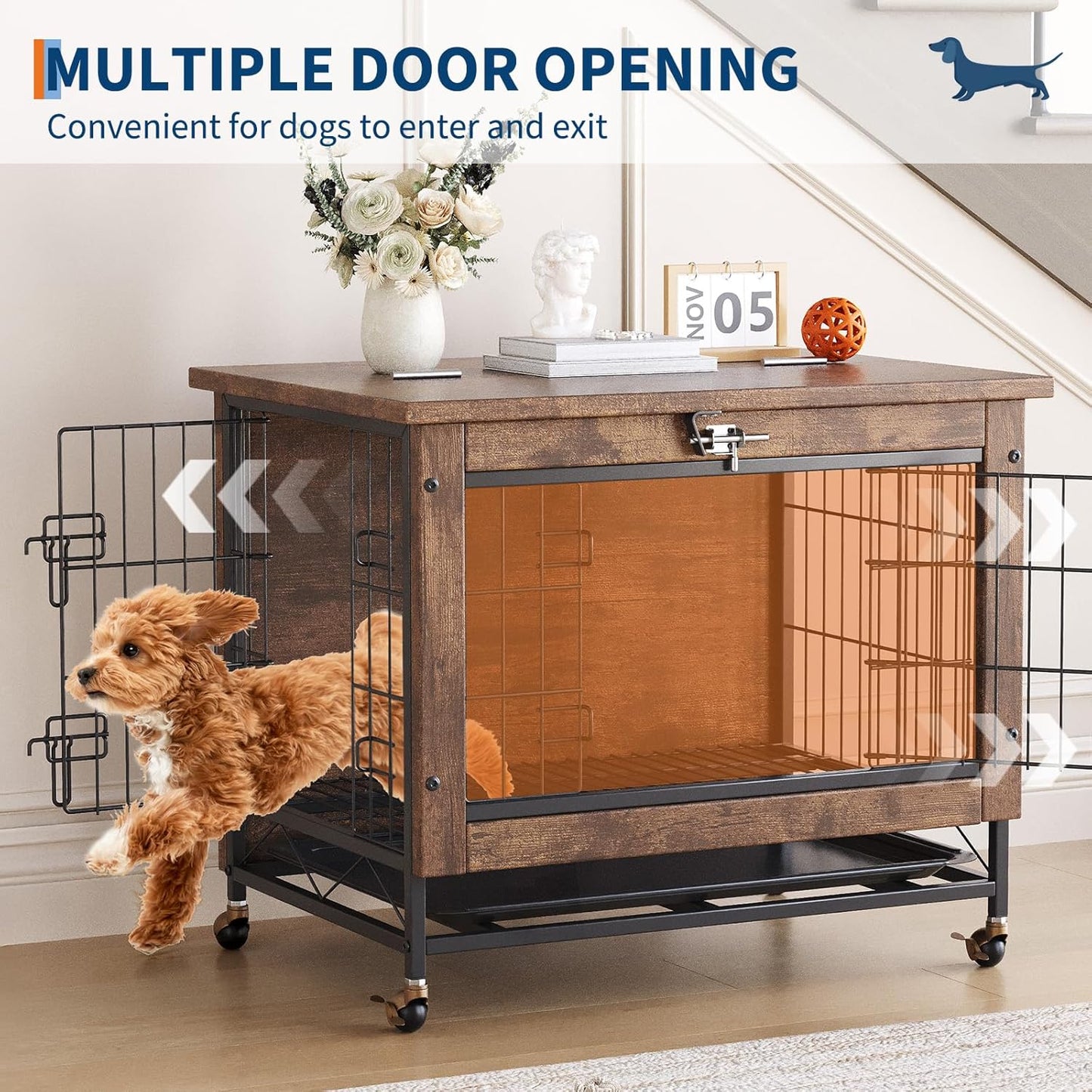 26-Inch Double-Door Pet Crate Furniture, Wooden Dog House with Locking Wheels, Chew-Resistant Indoor Pet Side Table, Rustic Brown Finish, Versatile Pet Housing Solution