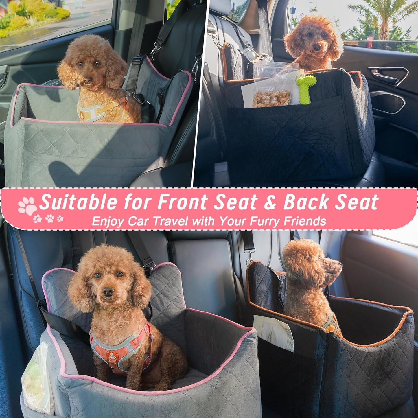 iPEGTOP Dog Car Seat for Small Medium Dogs Under 35 lbs, Washable Safety Cat Dog Booster Puppy Travel Bed with Memory Foam Cushion Secure Safe Buckles & Clip-On Leash, Black