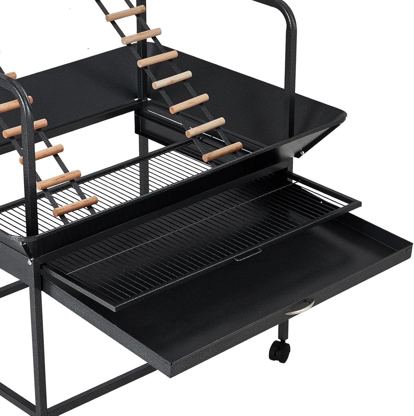 Bird Playstand, 66 in H Inch Birdcage Stand Activity Play Center with Perches and Ladders, Removable Tray, Indoor Outdoor Playground for Parakeet, Cockatiels Conures Parrots, Lockable Caster, Black