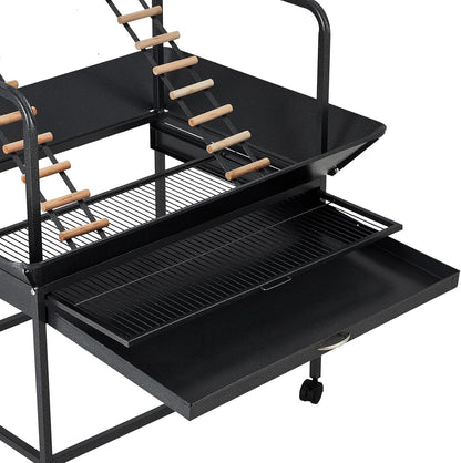 Bird Playstand, 66 in H Inch Birdcage Stand Activity Play Center with Perches and Ladders, Removable Tray, Indoor Outdoor Playground for Parakeet, Cockatiels Conures Parrots, Lockable Caster, Black
