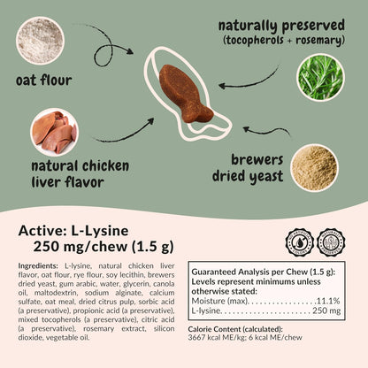 L-Lysine for Cats - 250mg per Chew, 150 Soft Chicken Flavor Chews to Replace Messy Powders and Pills, Turn Supplement Time Into Treats, Made in USA, Daily Immune Support, Picky Eaters