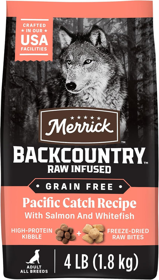 Merrick Backcountry Grain Free Dry Adult Dog Food, Kibble With Freeze Dried Raw Pieces, Pacific Catch With Salmon - 4.0 lb. Bag