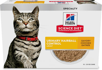 Hill's Science Diet Urinary Hairball Control, Adult 1-6, Urinary Track Health & Hairball Control Support, Wet Cat Food, Chicken Minced, 2.9 oz Can, Case of 12