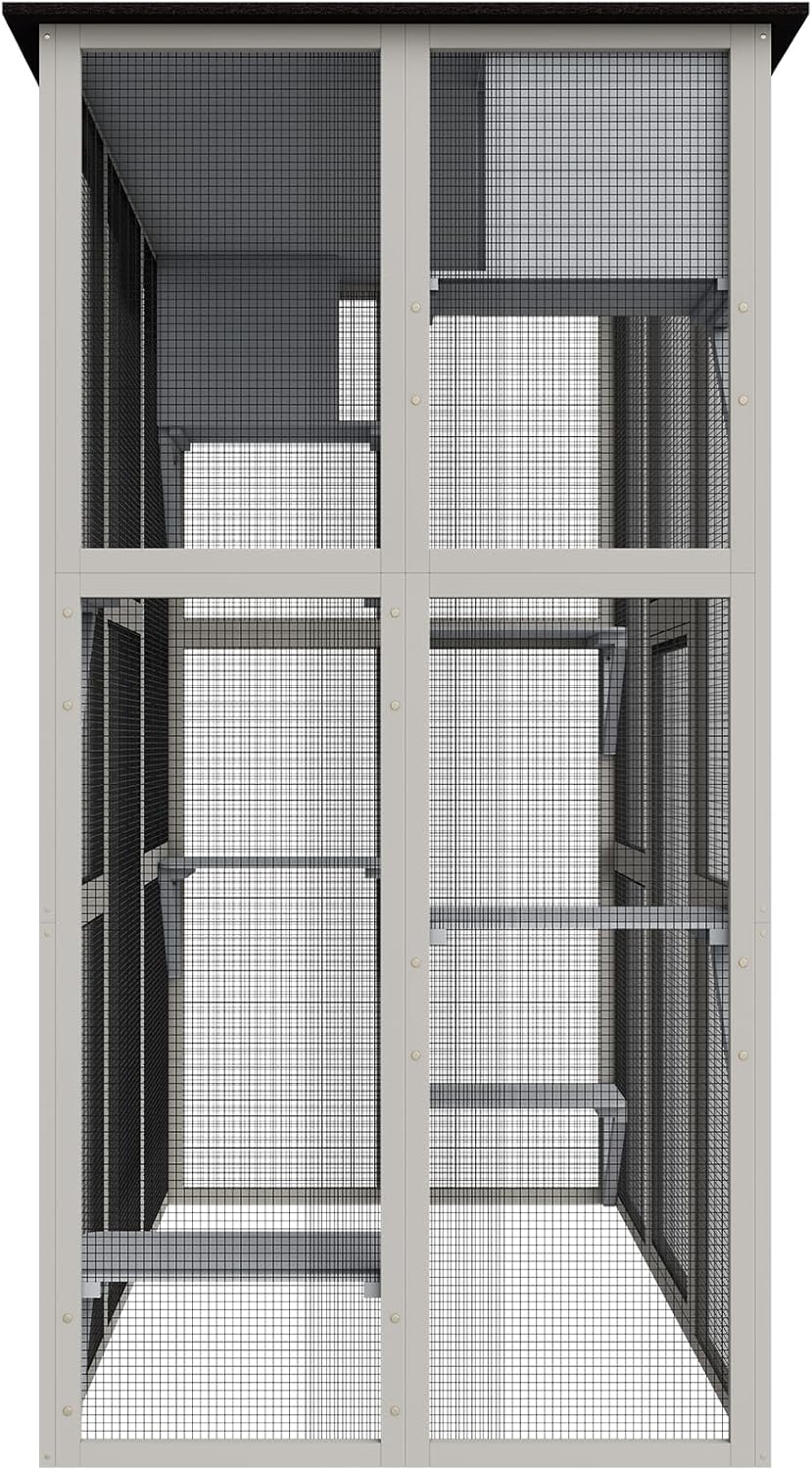 Catio Outdoor Cat Enclosure, Large Walk in Cat House for Outdoor Cats Kitten Enclosure with Weatherproof Asphalt Roof,Cat Cages with 6 Platforms & 2 Napping Boxes, 70.9",Grey