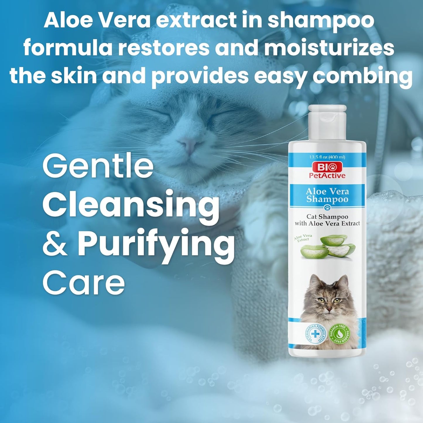 Bio PetActive Cat Shampoo with Natural Aloe Vera Extract | Itch Relief, Sensitive Skin & Coat Care – Deshedding & Moisturizing Formula | Veterinary Formulated, Paraben Free, pH Balanced | 13.53 Fl Oz