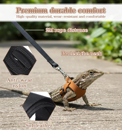 Bearded Dragon Leash and Harness Set, 3PCS Faux Leather Adjustable Bearded Dragon Harness and Leash, Traction Rope for Lizard Small Animal Outdoor Walking (Brown/S, M, L)