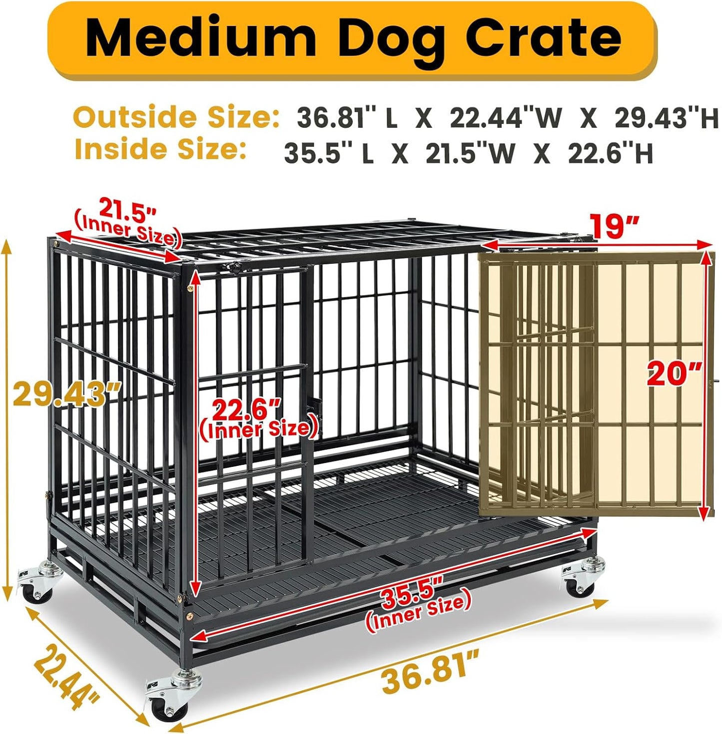 Stackable 36 Inch Dog Crate for Medium/Small Dogs, Heavy Duty Indestructible Dog Cage with Top Access & Lockable Wheels, Escape Proof Dog Kennel Indoor with Auto-Lock, Metal Grids & Leak-Proof Tray