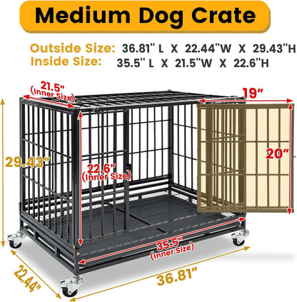 Stackable 36 Inch Dog Crate for Medium/Small Dogs, Heavy Duty Indestructible Dog Cage with Top Access & Lockable Wheels, Escape Proof Dog Kennel Indoor with Auto-Lock, Metal Grids & Leak-Proof Tray