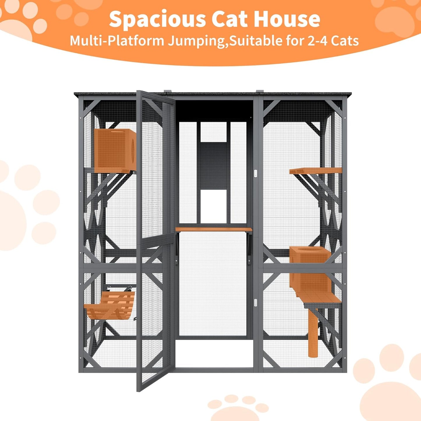 70 Inch Outdoor Walk-in Cat Enclosure with Window, Waterproof Roof Cattery with Bridge and Scratching Post Outdoor Patio Cat Playpen, Grey