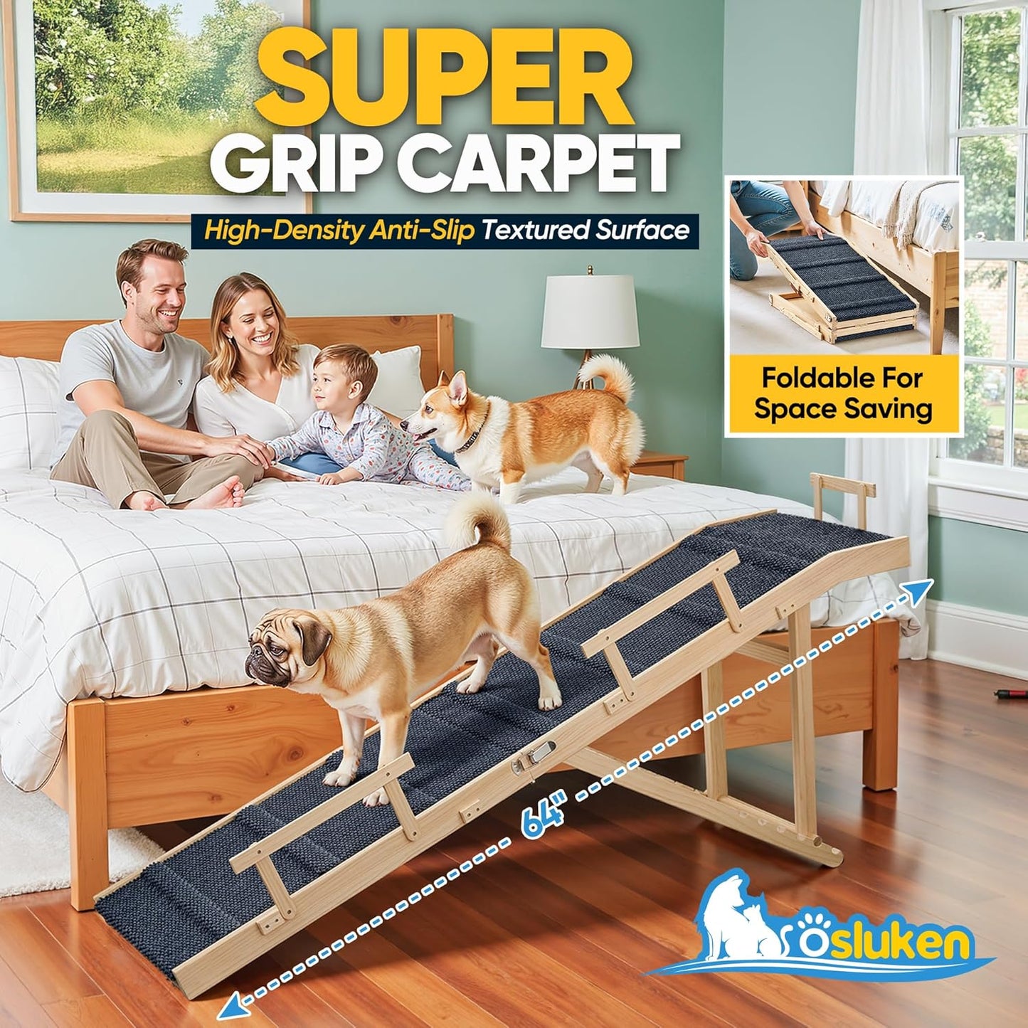 Dog Ramp for Bed with Rails, 64" Long Foldable Pet Ramp for Small Large Dogs, Dog Ramps for High Beds with Safety Side Railng, 6 Adjustable Heights 24" to 30" Up to 220LBS (Gray, 64" X 17inch)