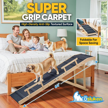Dog Ramp for Bed with Rails, 64" Long Foldable Pet Ramp for Small Large Dogs, Dog Ramps for High Beds with Safety Side Railng, 6 Adjustable Heights 24" to 30" Up to 220LBS (Gray, 64" X 17inch)