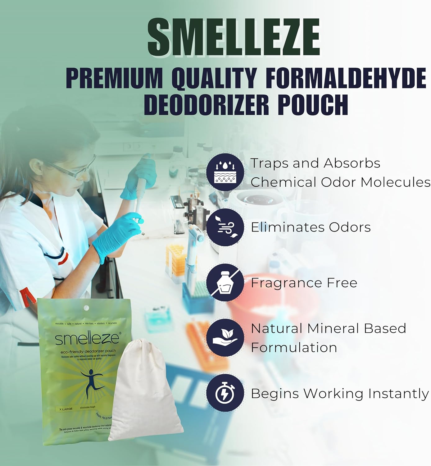 SMELLEZE Reusable Formaldehyde Odor Remover Deodorizer XXL Pouch: Rids Formaldehyde Smell Without Scents in 300 Sq. Ft.