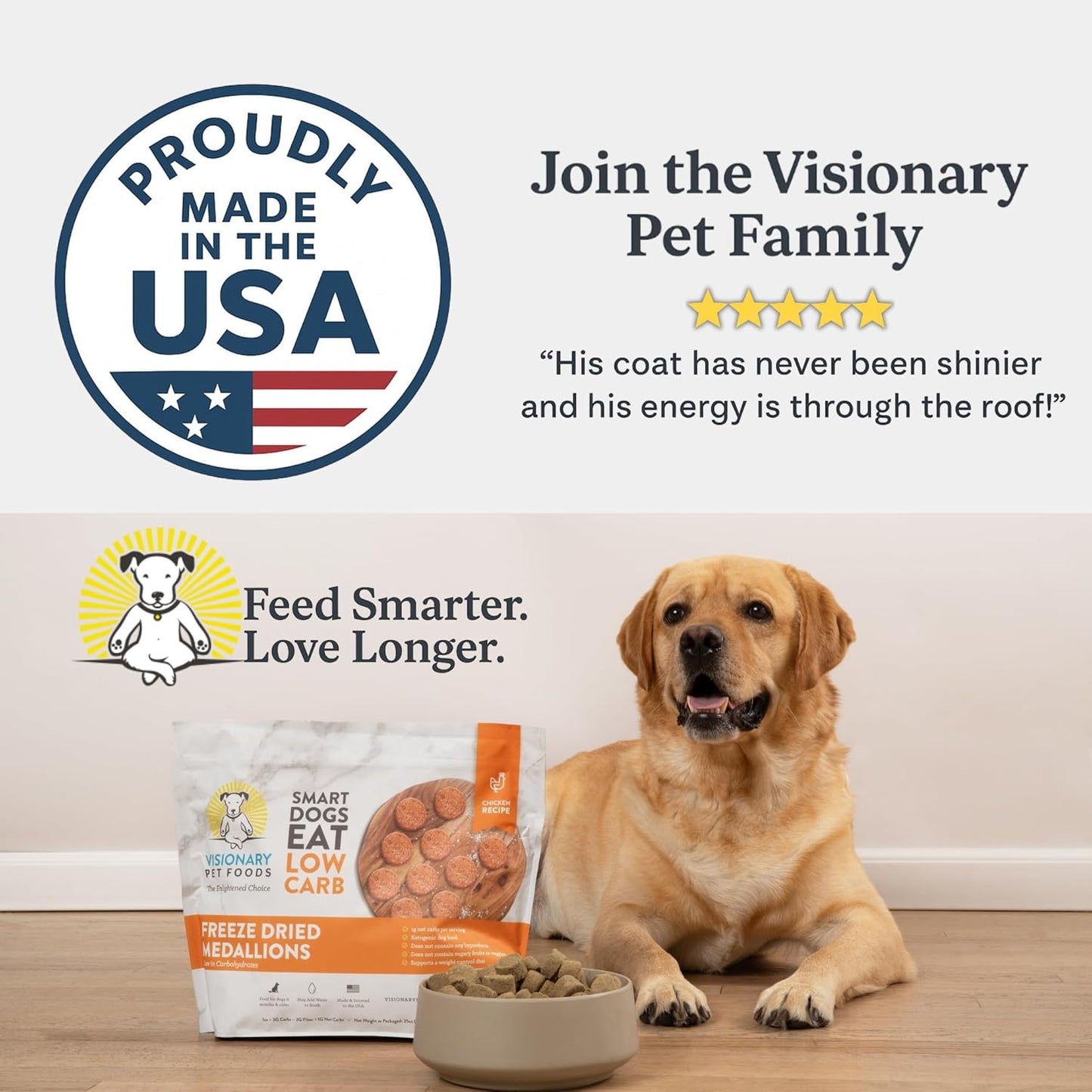 Visionary Pet Foods Low Carb Keto Dog Food <1g Net Carbs Freeze Dried Chicken Diabetic Friendly Made in USA 155 Medallions