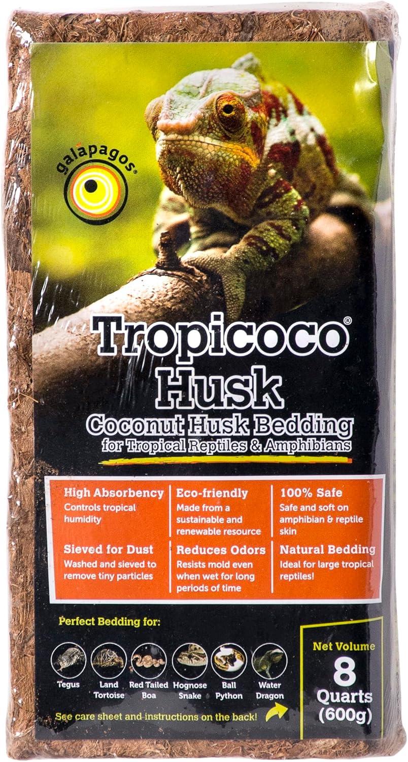 Galápagos (05020) Tropicoco® Husk Bedding for Reptiles, Amphibians, & Terrariums High Absorbency, Eco-Friendly, Dust-Free Perfect for Water Dragons, Tortoises, Snakes, & More, 8QT Compressed Brick
