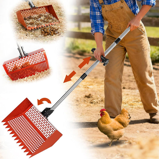 Chicken Poop Scooper for Sand, 12'' Wide 2-in-1 Chicken Coop Scooper and Rake, 36'' to 77'' Adjustable Effort-saving Handle Chicken Coop Pooper Scooper Sifting Shovel, Chicken Coop Cleaning Tools