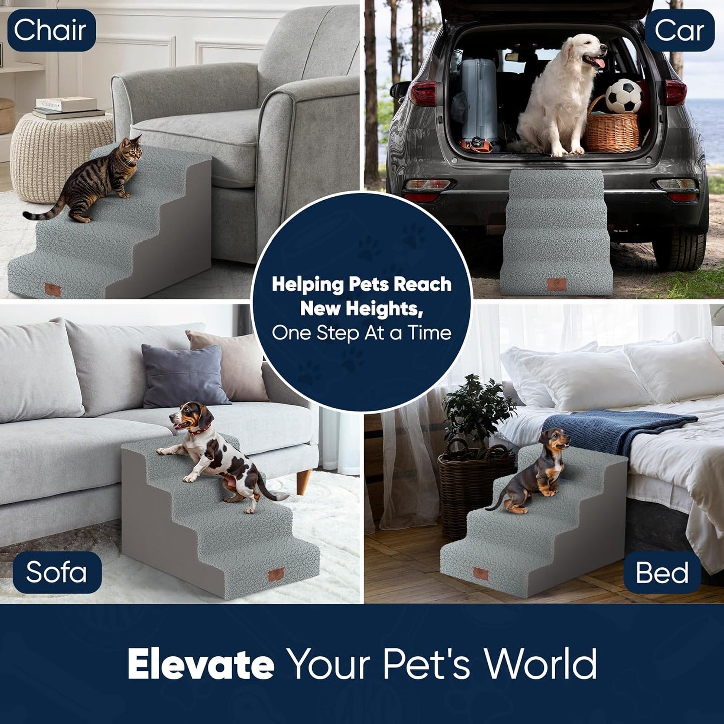 AKC 4-Step Pet Stairs – Durable, Non-Slip Steps for Small Dogs and Cats, Washable Cover, Simple No-Tool Assembly, Supports Up to 50 lbs