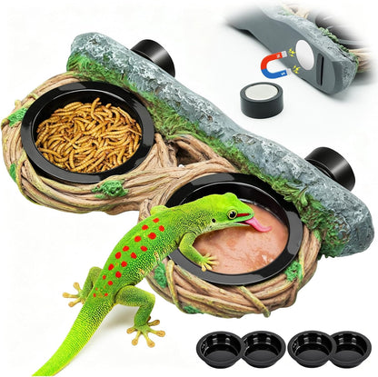 MIXJOY Magnetic Crested Gecko Feeding Ledge with 4PCS Feeding Cups, Reptile Feeder Ledge with Double Bowls Design, Hollow Vine Look, Reptile Food Water Dish for Bearded Dragon Lizard Chameleon Snake
