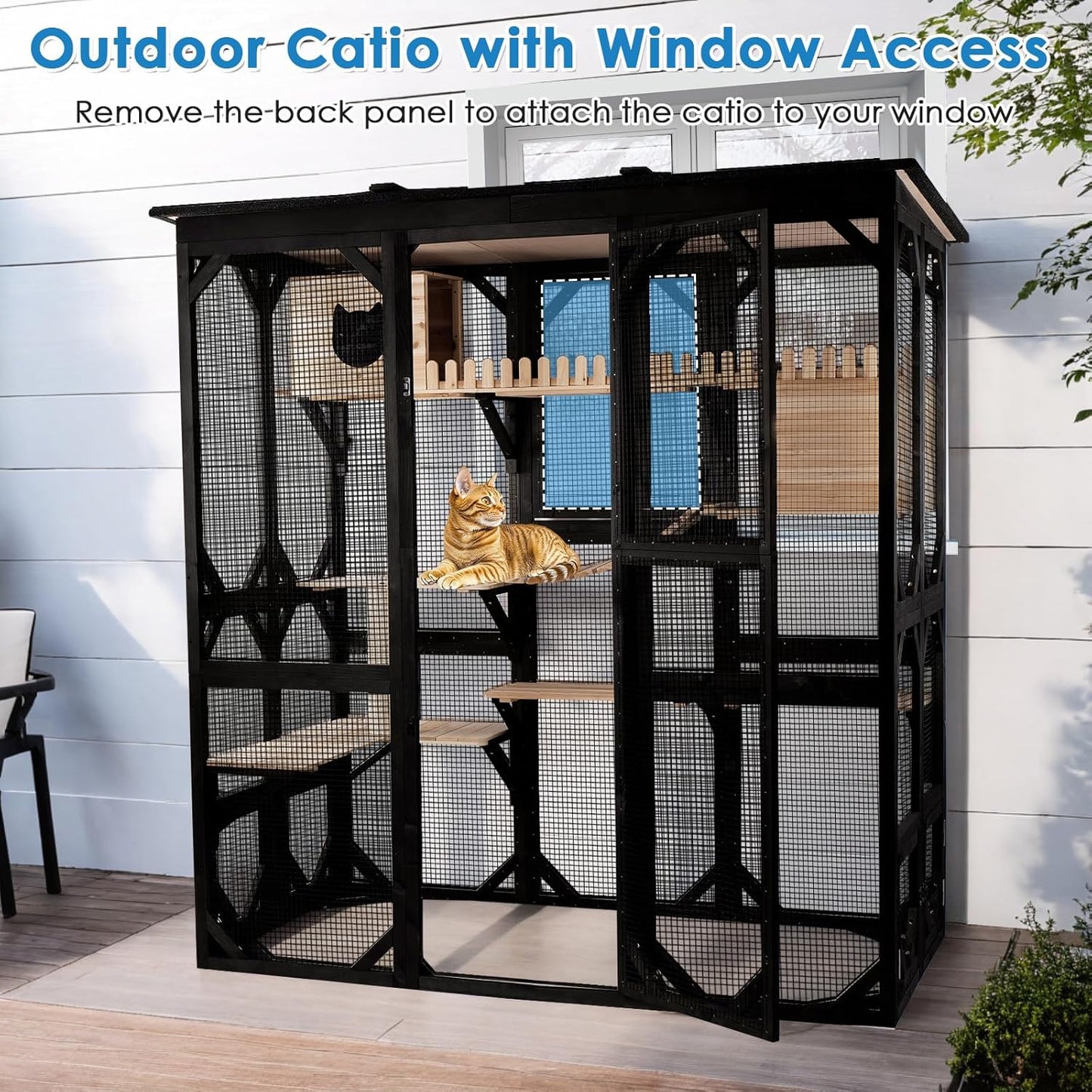 FunXplore 71.1" L Large Cat Catio Outdoor Cat Enclosure Window Acess, Walk-in Cat Cage Cat House for Multiple Indoor Outdoor Cats, Outside Patio 6 Doors Weatherproof Roof