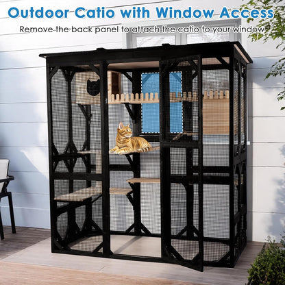 FunXplore 71.1" L Large Cat Catio Outdoor Cat Enclosure Window Acess, Walk-in Cat Cage Cat House for Multiple Indoor Outdoor Cats, Outside Patio 6 Doors Weatherproof Roof