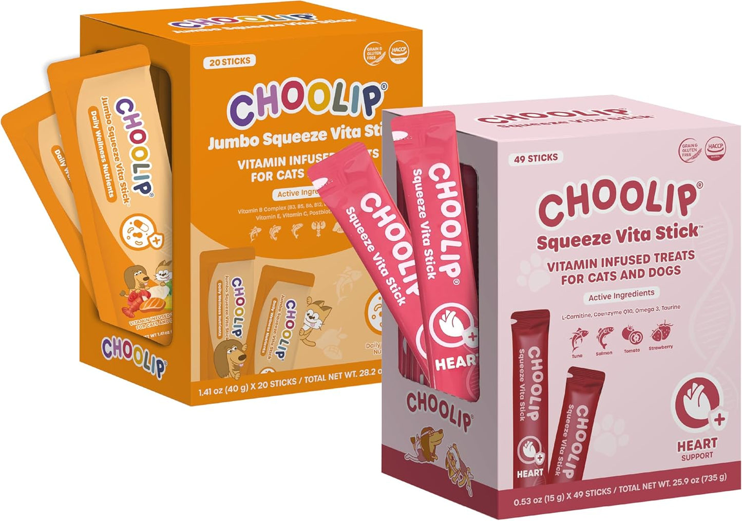 Choolip Bundle | 20pc Jumbo Squeeze Vita Sticks with Essential multivitamins + 49 Heart Support Squeeze Vita Sticks with Essential multivitamins [Both Products are for Cats & Dogs of All Life Stages]