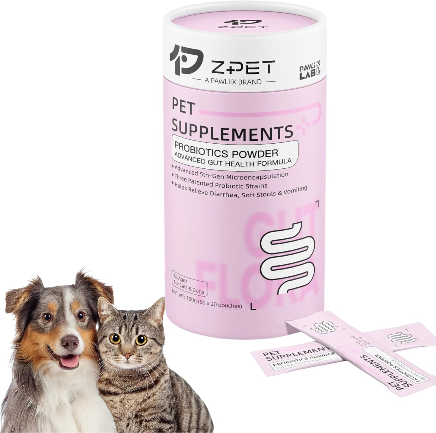 ZPET Probiotics Powder for Dogs & Cats – 5th-Gen Microencapsulation with 3 Patented Strains – Gut Health & Digestive Support – Helps with Diarrhea, Stool Odor & Appetite – 100g (5g×20 Piuches)