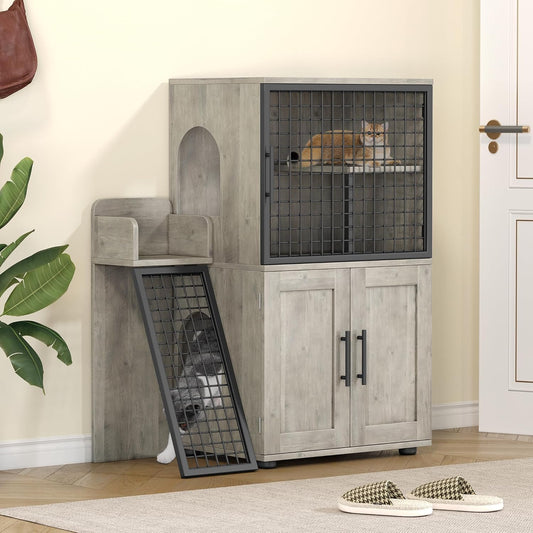 IDEALHOUSE Modern Cat Litter Box Enclosure with Platform, Double Layer Hidden Litter Box, Indoor Washroom, Villa Cat House with Ladder, 33.5" l x 17.9" w x 41.9" h,Grey