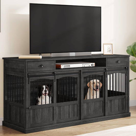 70.86" Double Dog Crate Furniture with Storage for 2 Medium Large Dogs Farmhouse Wooden Dog Kennel Furniture with 2 Sliding Doors Divider & Power Outlet Decorative Dog Cage TV Stand Dark Grey