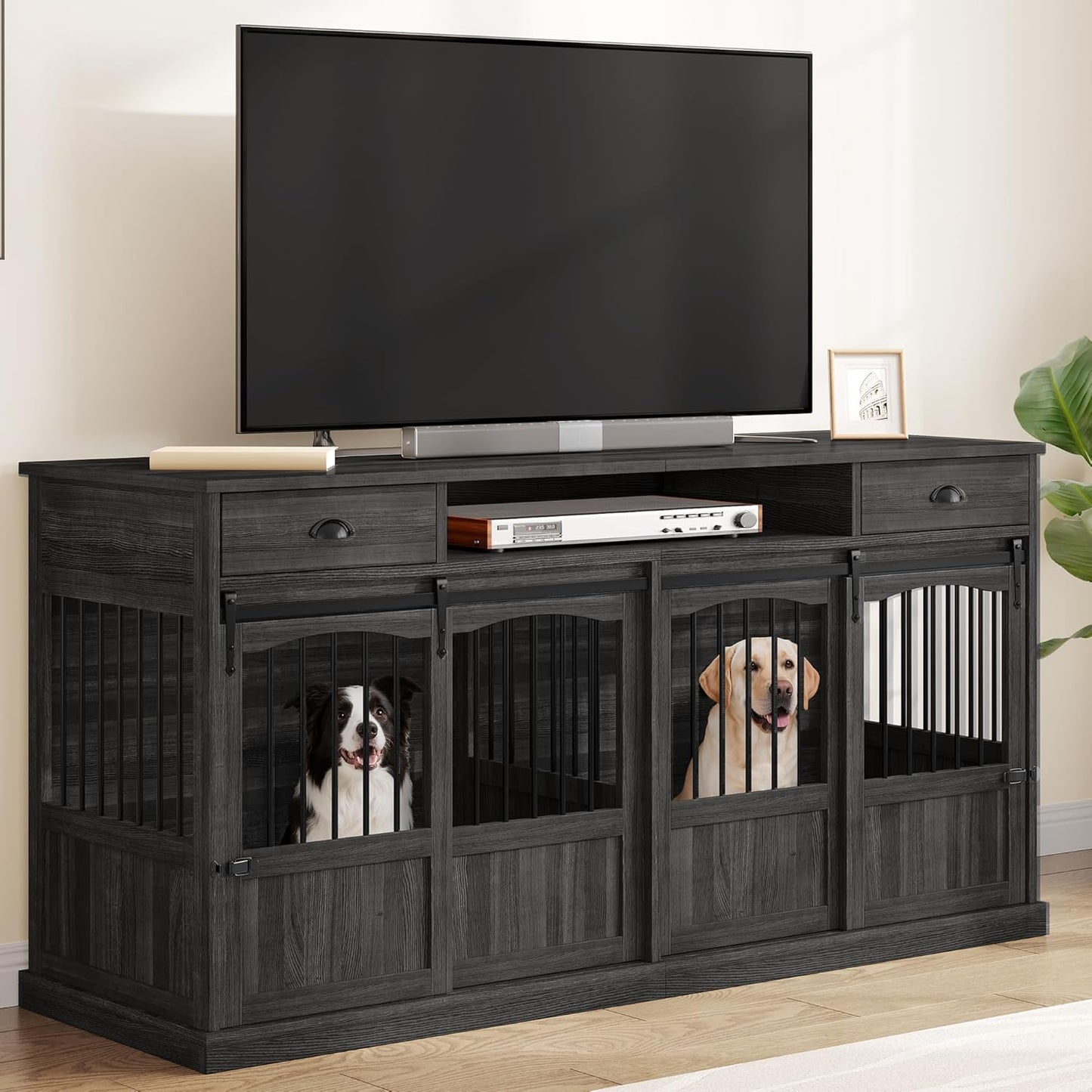 70.86" Double Dog Crate Furniture with Storage for 2 Medium Large Dogs Farmhouse Wooden Dog Kennel Furniture with 2 Sliding Doors Divider & Power Outlet Decorative Dog Cage TV Stand Dark Grey