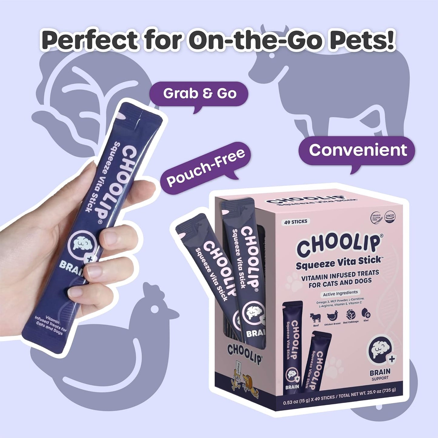 Choolip Bundle | 20pc Jumbo Squeeze Vita Sticks with Essential multivitamins + 49 Brain Support Squeeze Vita Sticks with Essential multivitamins [Both Products are for Cats & Dogs of All Life Stages]